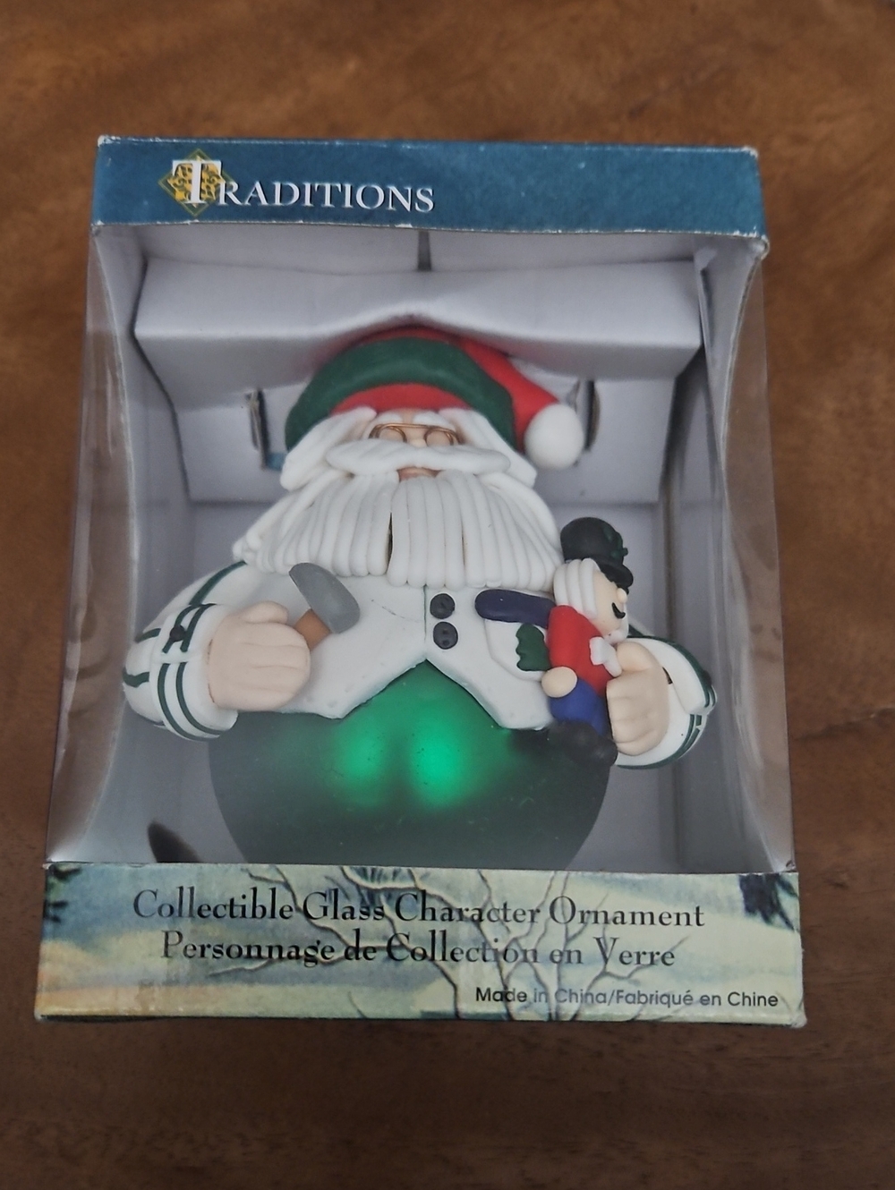 Green Santa Glass Ornament with Red Hat and White Beard